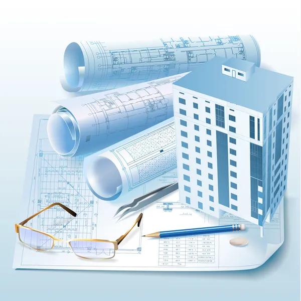 Fundo arquitetônico com um modelo de edifício 3D e rolos de desenhos técnicos — Vetor de Stock