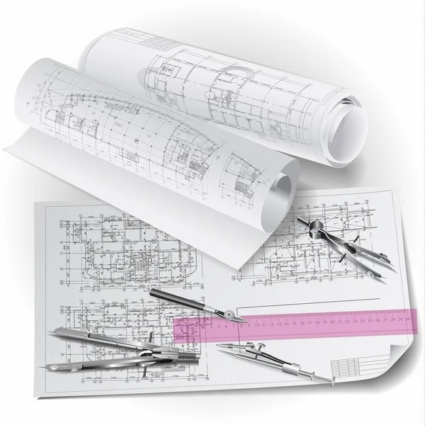 Architectural background with drawing tool and rolls of technical drawings — Stock Vector