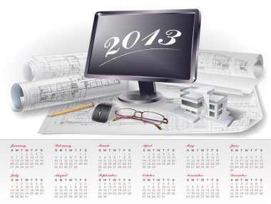 Calendar for 2013 with architectural design elements clipart