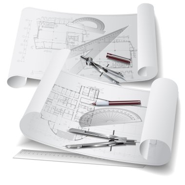 Architectural background with office accesssories and rolls of technical drawings clipart