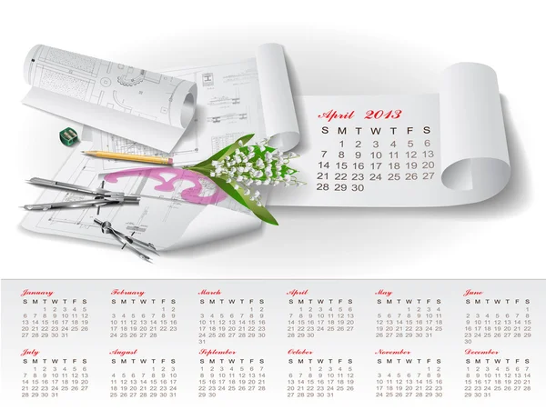 Calendar for 2013 with architectural design elements — Stock Vector