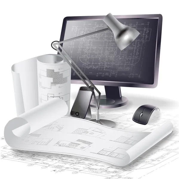 Архитектурный фон с монитором, офисными принадлежностями и рулонами технических чертежей — стоковый вектор