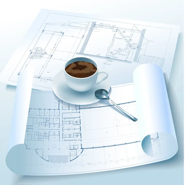 Fond architectural avec une tasse de café (vecteur ) — Image vectorielle