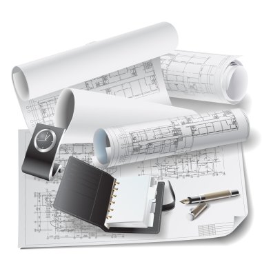 Architectural background with drawing tools and technical drawings clipart