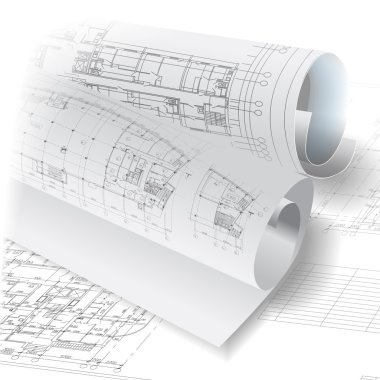 Architectural background with rolls of technical drawings clipart