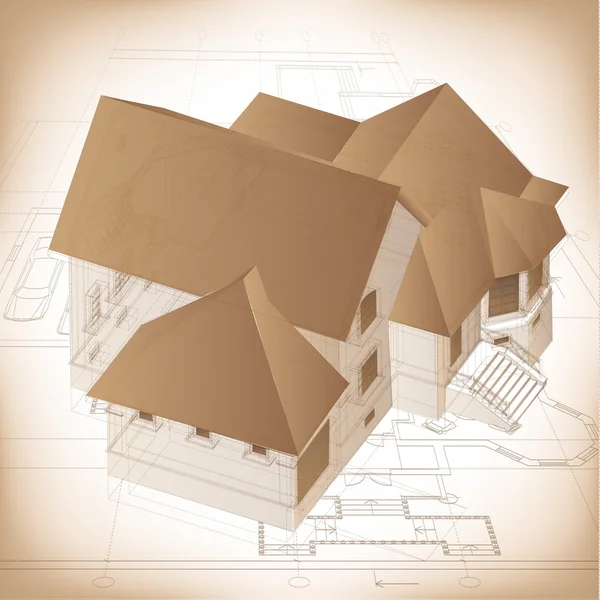 Fundo arquitetônico com um modelo de edifício 3D — Vetor de Stock