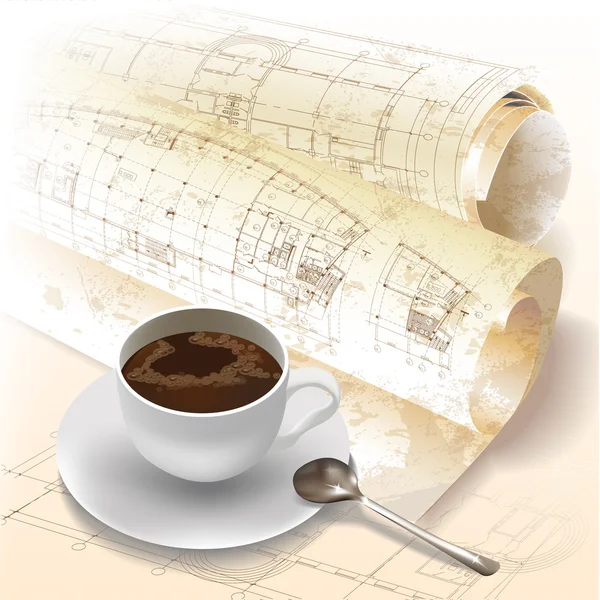 Grunge fondo arquitectónico con una taza de café y rollos de dibujos técnicos — Vector de stock