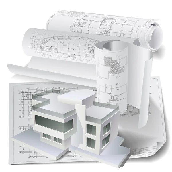 Architekturhintergrund mit einem 3D-Baumodell und Rollen mit technischen Zeichnungen — Stockvektor