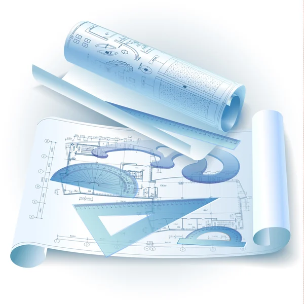 Architectural background with drawing tools and technical drawings — Stock Vector