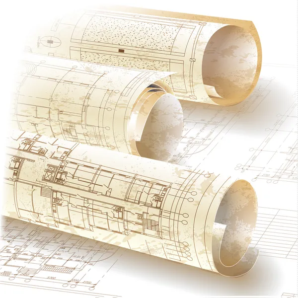 Гранж архитектурный фон с рулонами технических чертежей — стоковый вектор