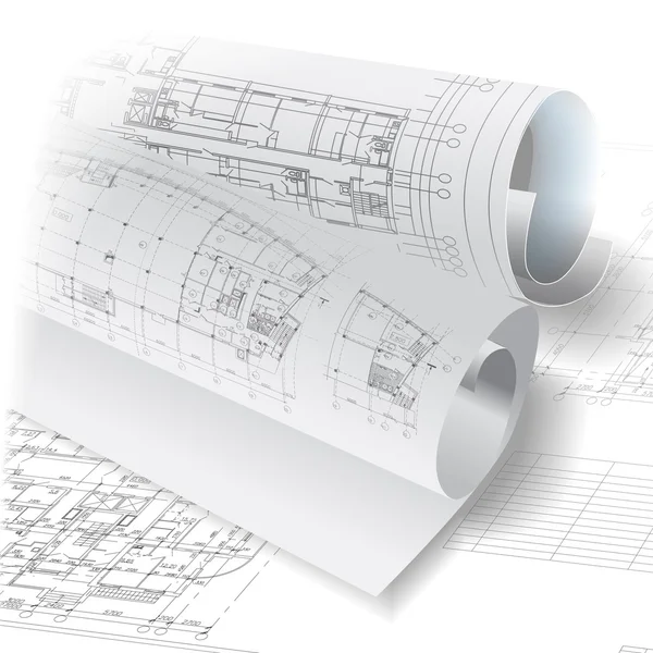 Fondo arquitectónico con rollos de dibujos técnicos — Vector de stock