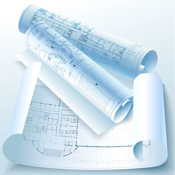 Architectural background with rolls of technical drawings — Stock Vector