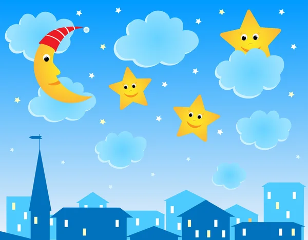 Ładny ilustracja noc dachy, śmieszne księżyc i gwiazdy — Wektor stockowy