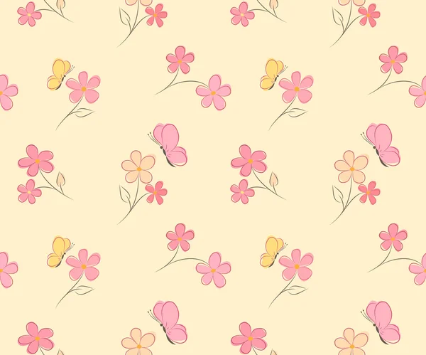 花や蝶とのシームレスなパターン — ストックベクタ
