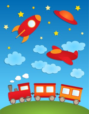 Background with aircrafts and train. Vector paper stickers clipart