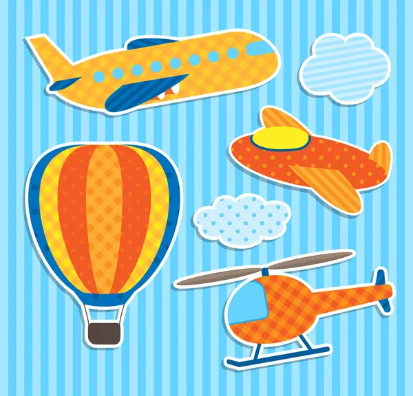 Verzameling van cute vector kleurrijke vliegtuigen stickers — Stockvector