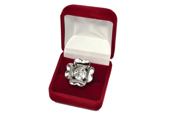 Big diamond engagement ring in red jewel box — Stock Photo, Image