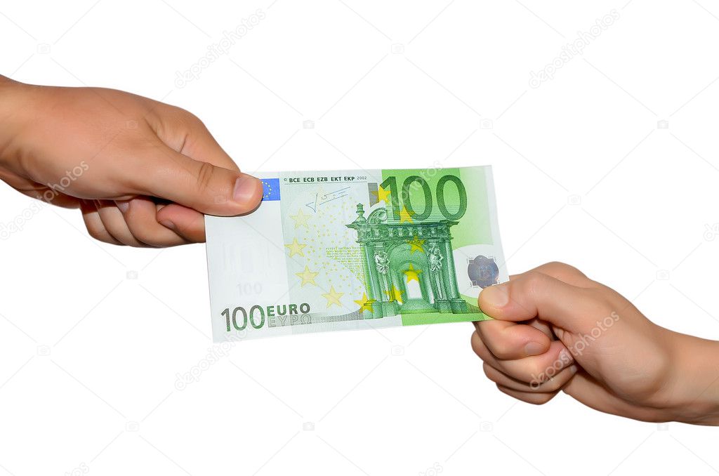 Hand handing over money to another hand isolated on white background