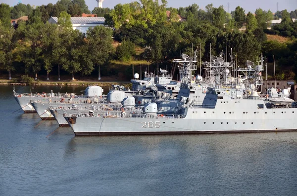 stock image Four modern worships stationed in harbor