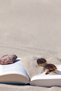 Sunglasses with brown tinted lenses lies on an opened book on the beach clipart