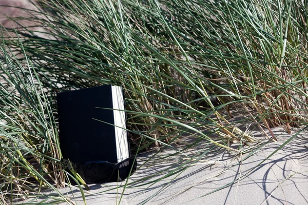 Kniha stojí na Duně mezi duny trávy, v popředí je sluneční brýle — Stock fotografie