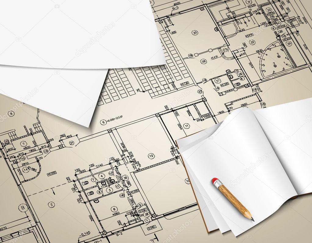 Architectural background. Part of architectural project, architectural plan, technical project, drawing technical letters, architect at work, Architecture planning on paper, construction plan