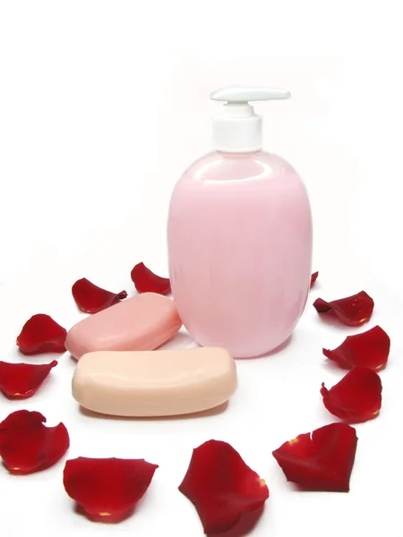 Sabão líquido com extrato de rosa — Fotografia de Stock