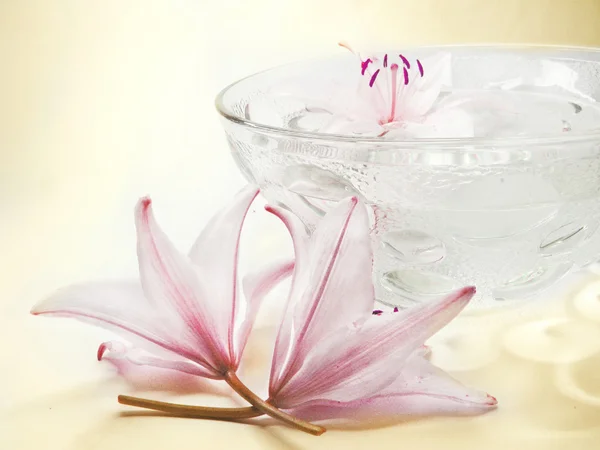 Water voor spa met lily bloemblaadjes — Stockfoto
