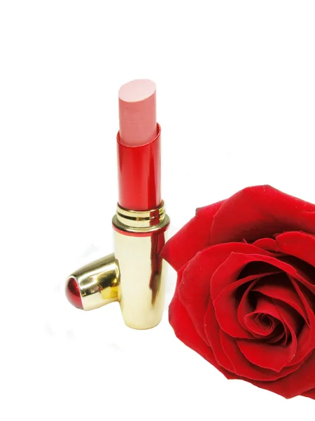 Czerwona szminka z różą na tle — Zdjęcie stockowe