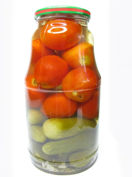 stock image Jar of preserved tomatoes and cucumbers