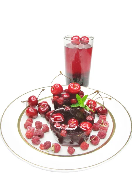 Desszert Cherry juice lekvár zselé és a málna — Stock Fotó