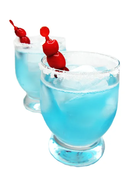 Alcohol blue lagoon cocktail drinks with cherry — Stock Photo, Image