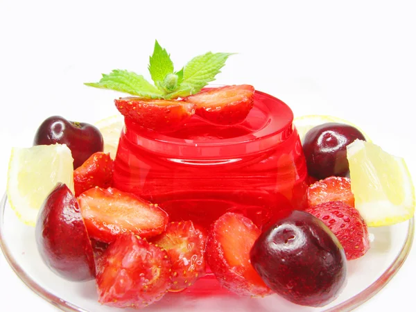 Strawberry jelly marmalade dessert with fruits — Stock Photo, Image