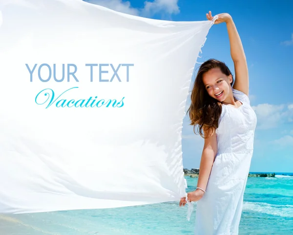 stock image Beautiful Girl With White Scarf on The Beach