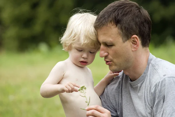The father plays with the son and a plant — Stock Photo, Image