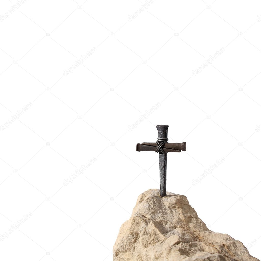Christian Cross on the Rock on White