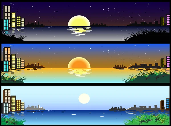 Horizontální ve dne v noci město bannery — Stockový vektor