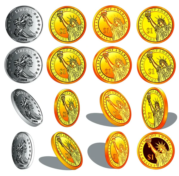 Realistiska guld och silver mynt — Stock vektor
