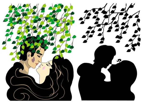 Amantes besándose bajo el árbol — Vector de stock