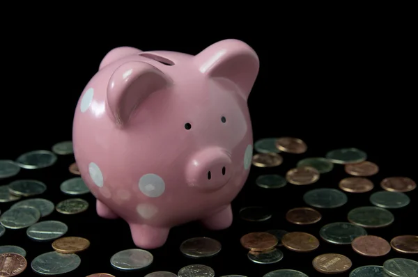 Roze polka dot piggy bank met contant geld — Stockfoto