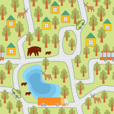 Village in the forest seamless pattern clipart