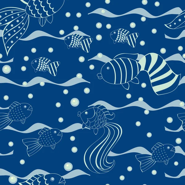 青い色、魚とのシームレスなパターン — ストックベクタ
