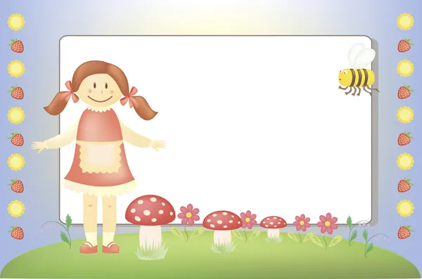 Küçük kız ve arı bir çayır üzerinde — Stok Vektör