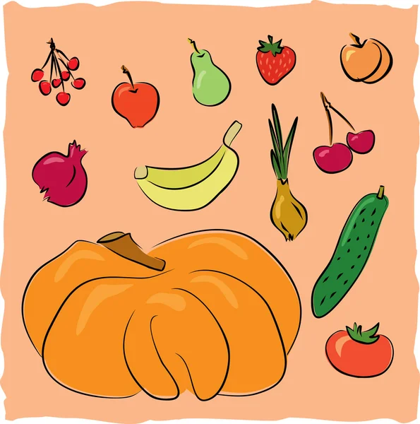 手工绘制的水果和蔬菜集合 — 图库矢量图片