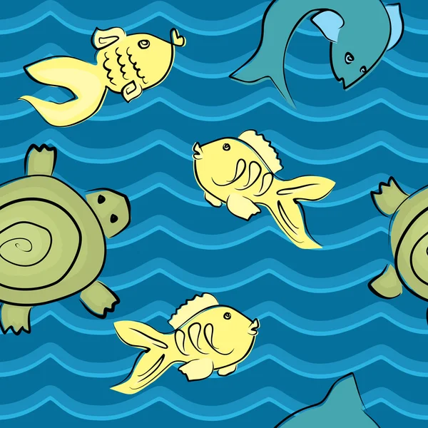 Fische und Schildkröten in wellennahtlosem Muster — Stockvektor
