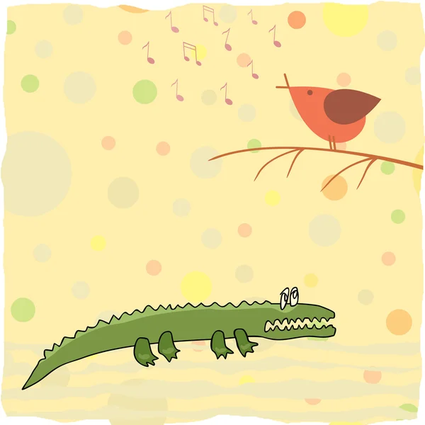 Маленький крокодил слушает пение птицы — стоковый вектор