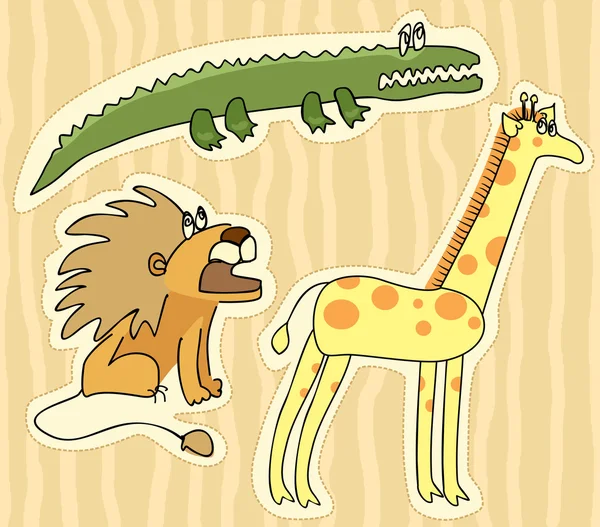 Childlike stickers with lion, giraffe and crocodile — Stock Vector