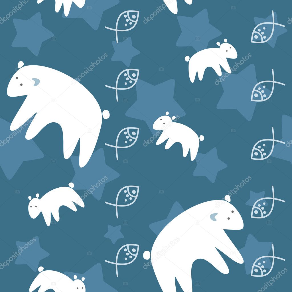 Polar bears family on night sky seamless pattern