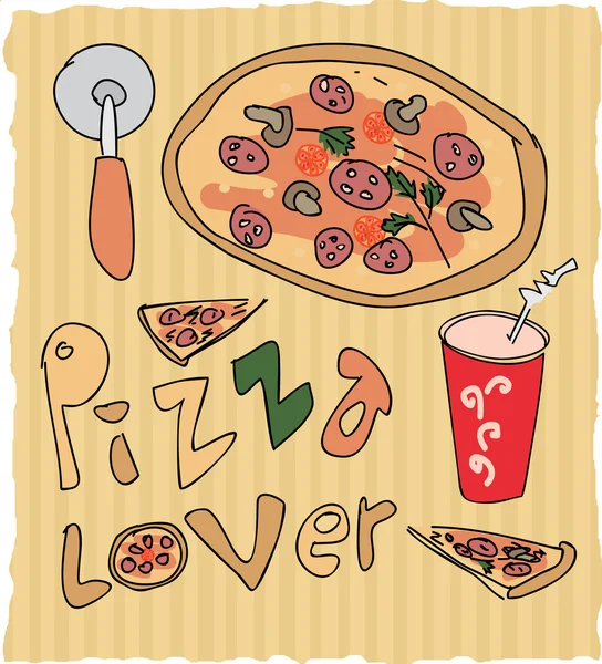 Kézzel rajzolt pizza szeretője, színes illusztráció Jogdíjmentes Stock Vektorok