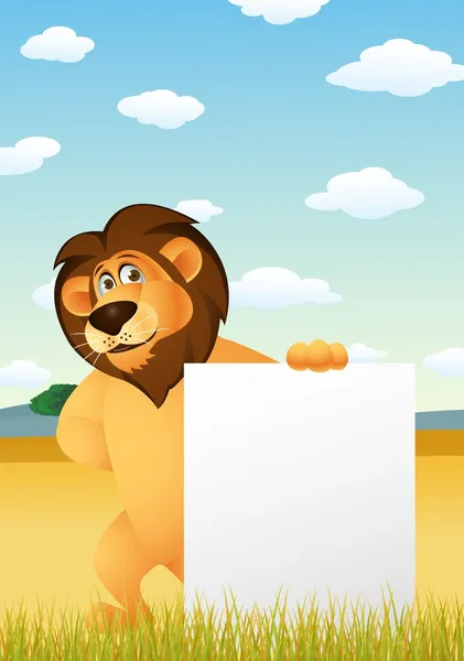 Divertido dibujo animado de león con signo en blanco — Vector de stock